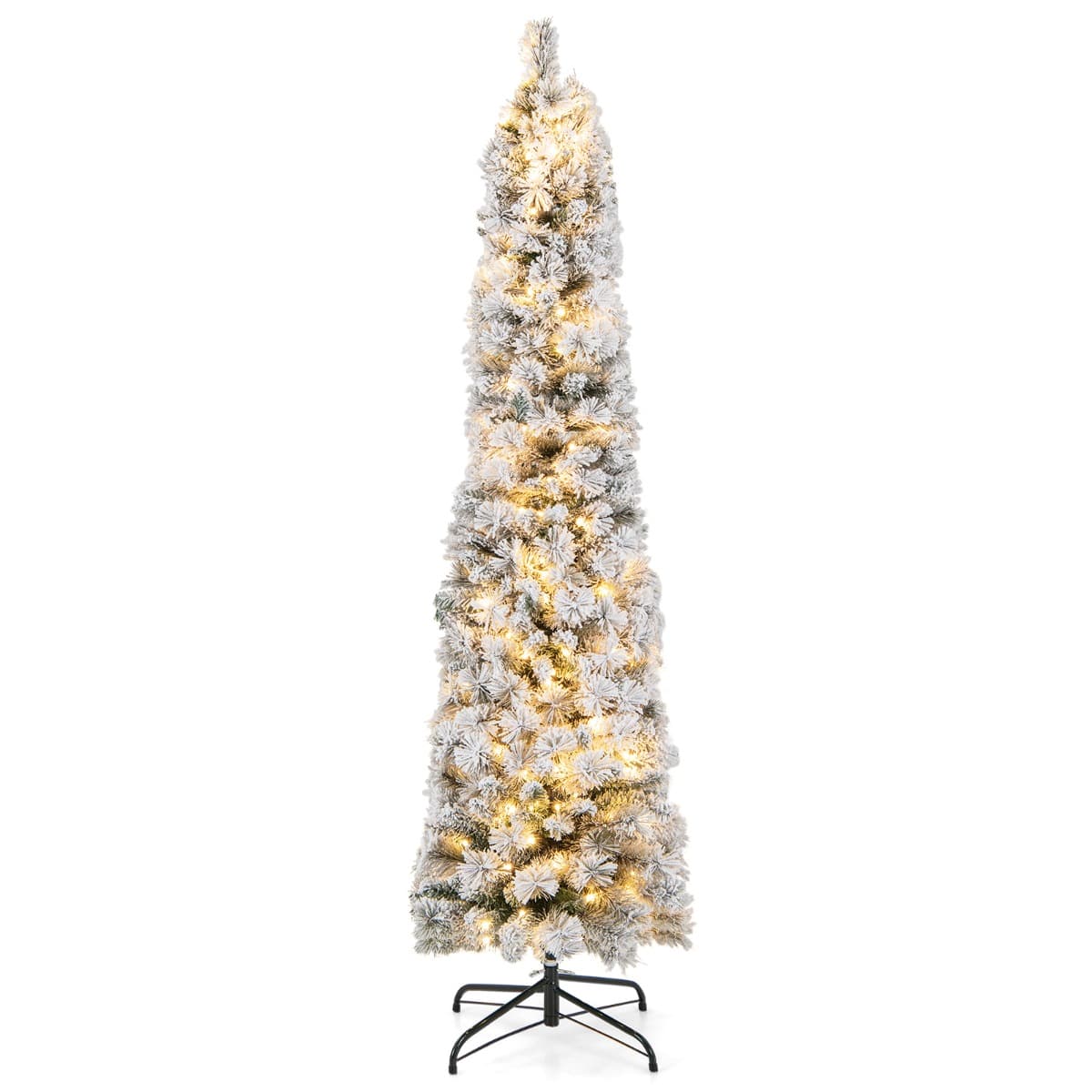 CostwaySapin de Noël Artificiel Pré-éclairé 180 cm en Forme de Crayon Floqué de Neige 150 Lumières Blanches Chaudes 373 Pointes de Branches Aiguilles