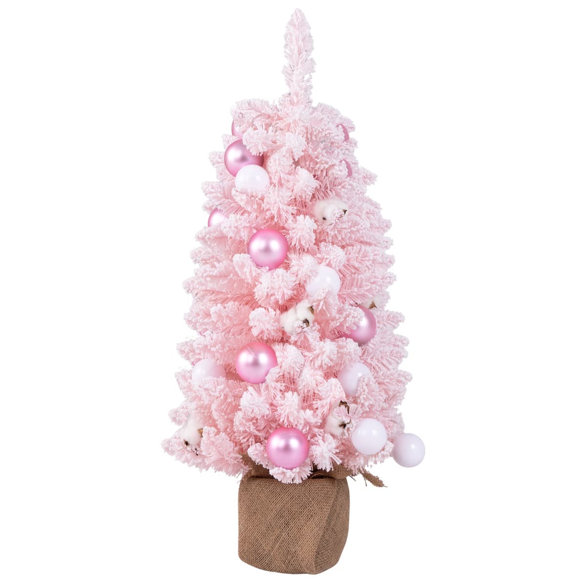 CostwayMini Sapin de Noël Artificiel de 90 cm avec 12 Boules de Coton Naturel 24 Boules Décoratives Pointes de Branches Floquées de Neige Rose